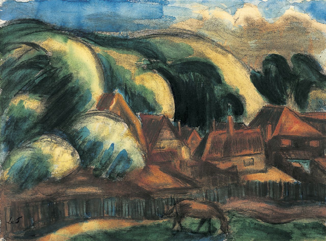Fauconnier H.V.G. Le | 'Henri' Victor Gabriel Le Fauconnier, A view of a landscape, Sloten, charcoal and watercolour on paper 56.9 x 76.9 cm, signed l.l. with initials and painted between 1916-1917