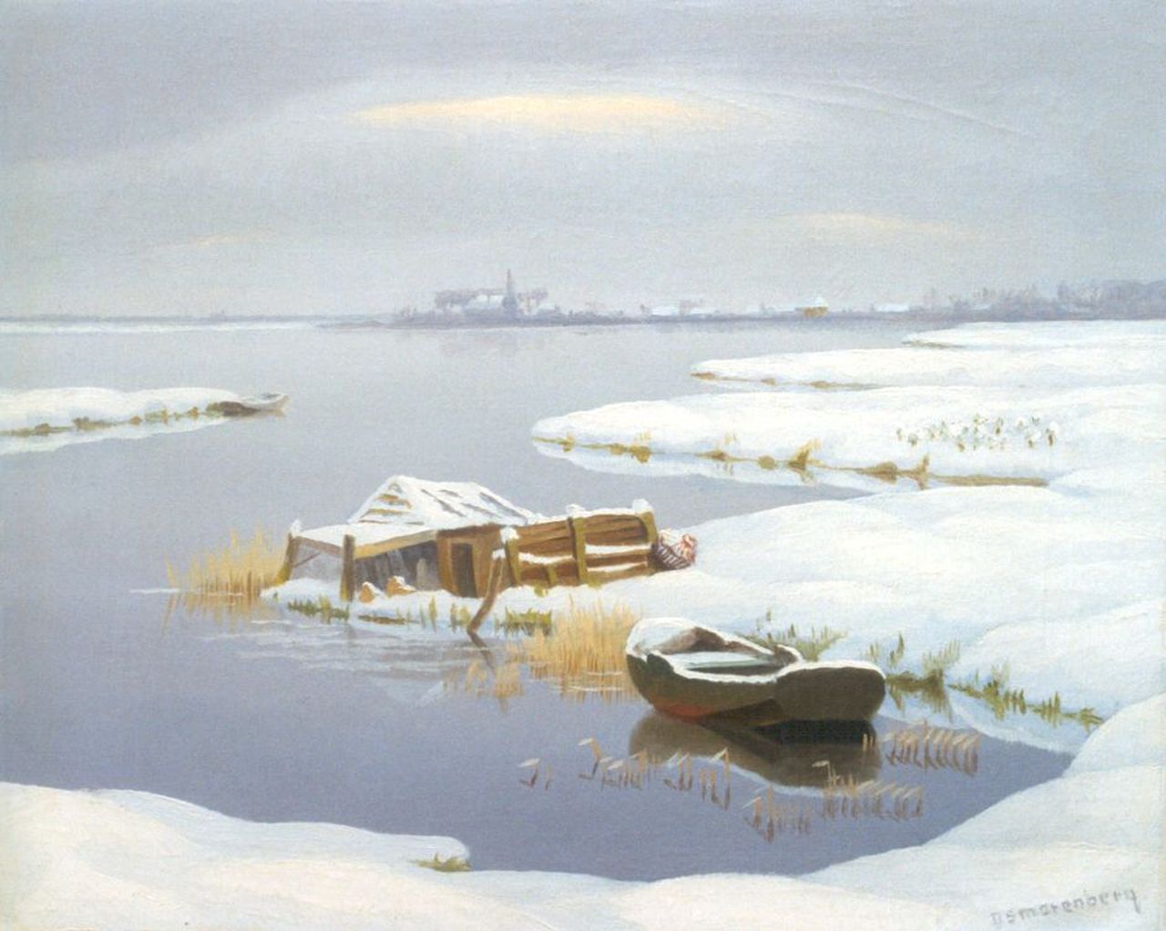 Smorenberg D.  | Dirk Smorenberg, A moored boat in a winter landscape, oil on canvas 50.0 x 60.5 cm, signed l.r.