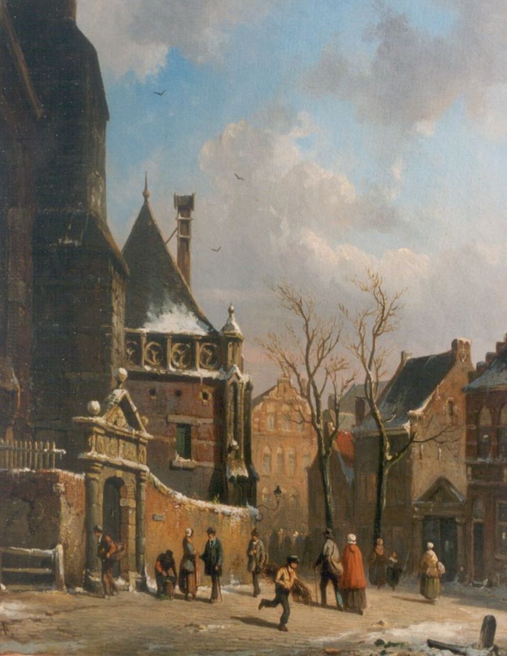 Eversen A.  | Adrianus Eversen, A town in winter, oil on panel 30.0 x 23.6 cm, signed l.r.