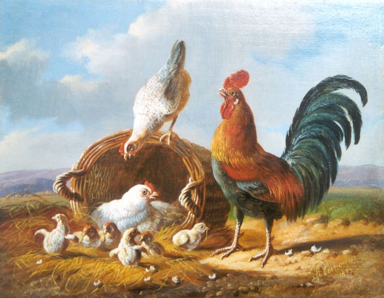 Verhoesen A.  | Albertus Verhoesen, Poultry in an extensive landscape, oil on panel 14.1 x 18.1 cm, signed l.r. and dated 1873