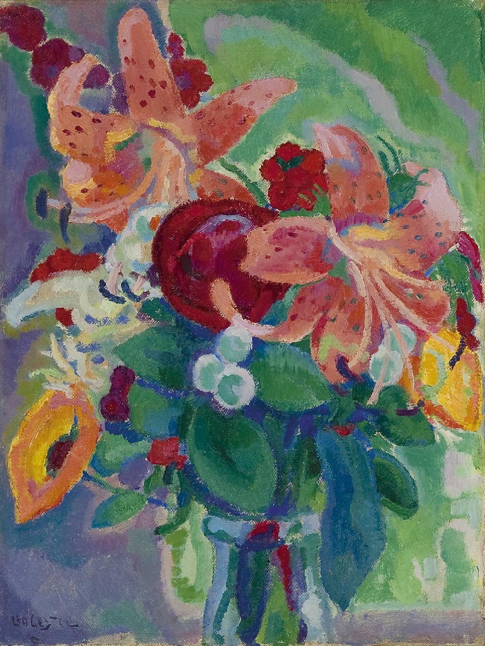 Gestel L.  | Leendert 'Leo' Gestel, Flower still life with tiger lilies, oil on canvas 33.3 x 25.3 cm, signed l.l. and painted ca. 1912-1913