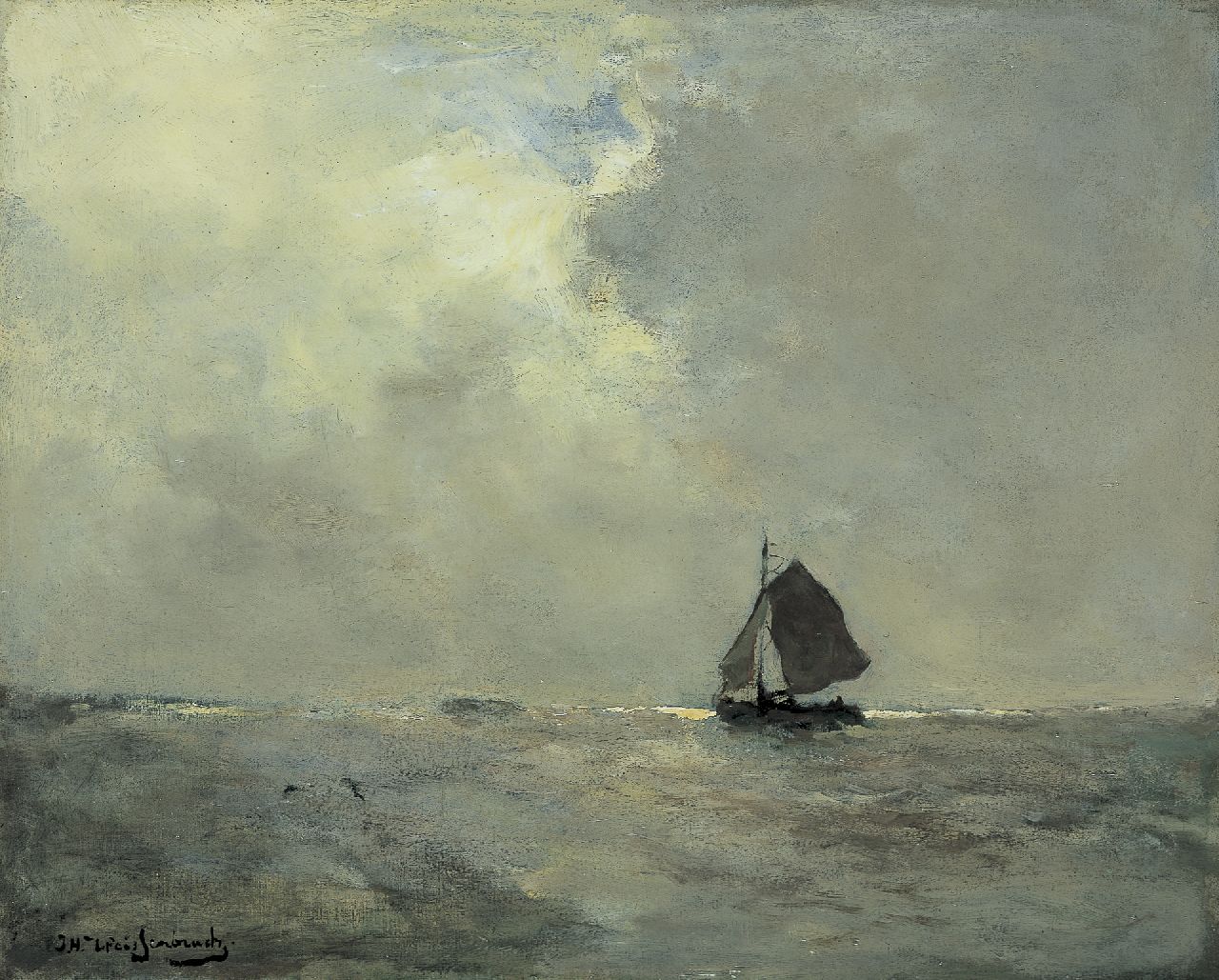 Weissenbruch H.J.  | Hendrik Johannes 'J.H.' Weissenbruch, A sailing vessel, oil on canvas 39.6 x 49.3 cm, signed l.l.