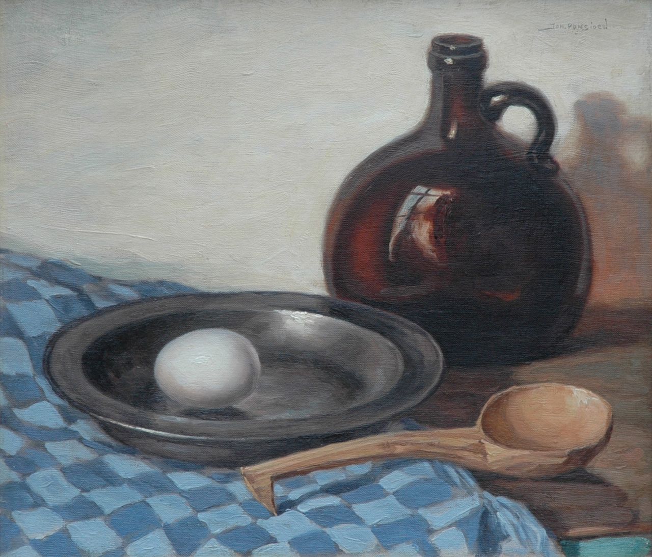 Ponsioen J.B.  | Johannes Bernardus 'Johan' Ponsioen, Still life with a tin-ware plate and bottle, oil on canvas laid down on board 39.7 x 46.4 cm, signed u.r. and u.l. (indistinctly) and dated '31