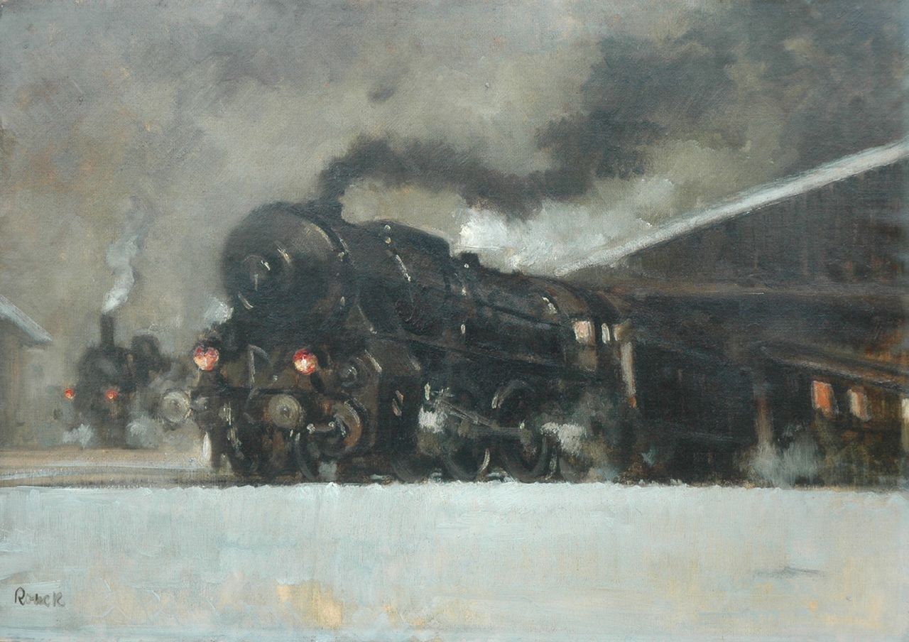 Ronek J.  | Jaroslav Ronek, Steam train, oil on painter's board 48.5 x 68.7 cm, signed l.l.