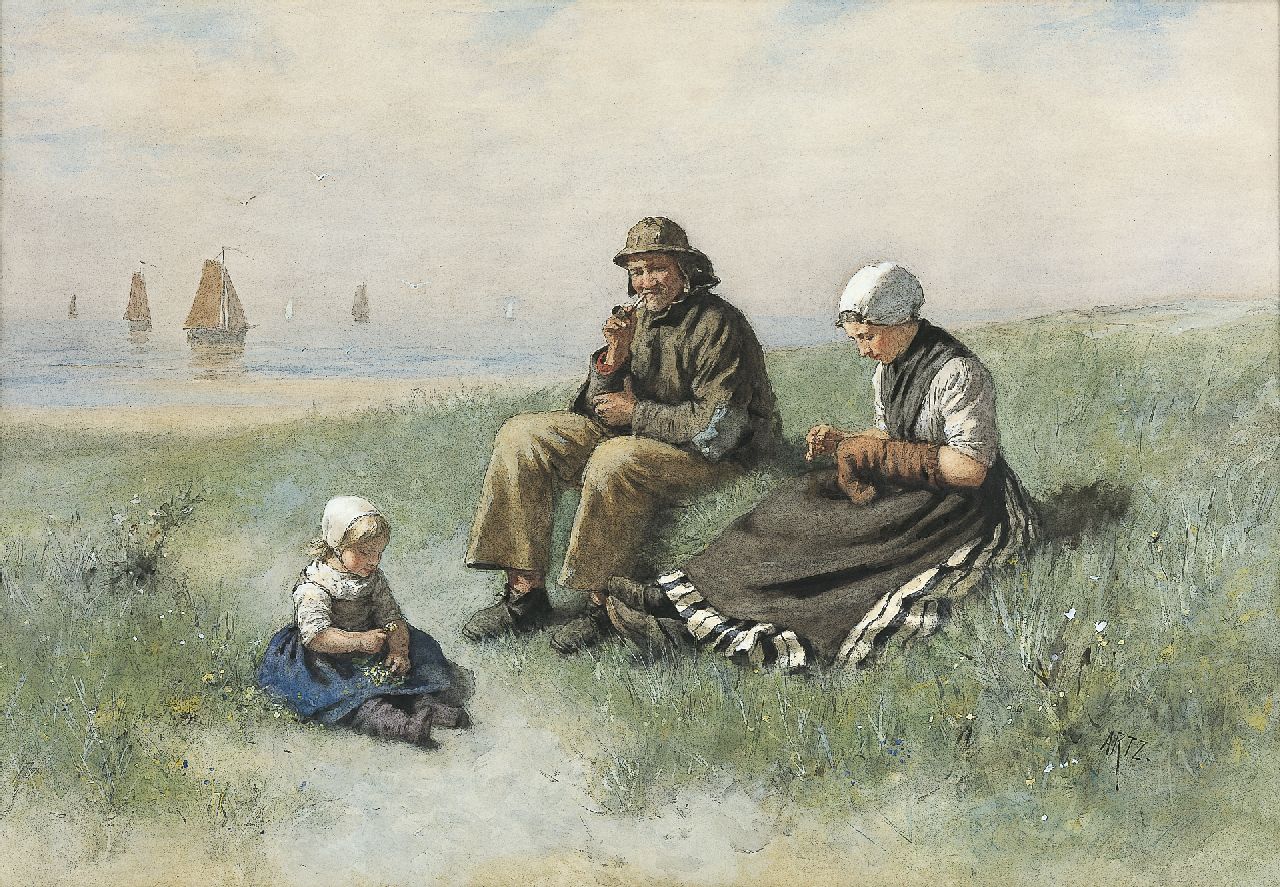 Artz D.A.C.  | David Adolphe Constant Artz, A happy family, pencil and watercolour on board 58.0 x 82.5 cm, signed l.r.