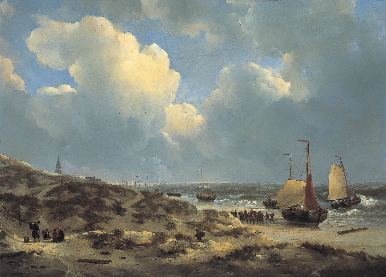 Schotel J.C.  | Johannes Christianus Schotel, Unloading the catch on the beach of Scheveningen, oil on panel 65.1 x 90.7 cm, signed l.l.