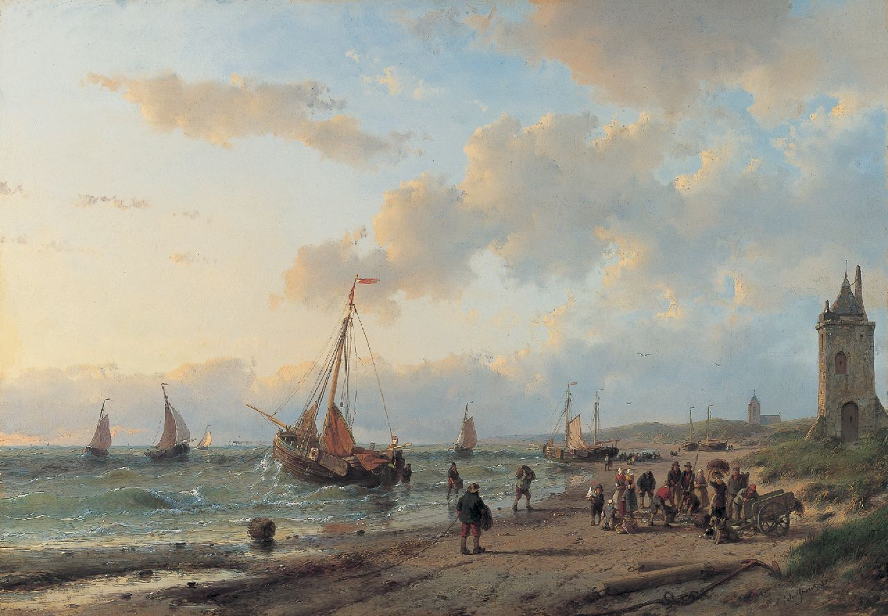 Schelfhout A.  | Andreas Schelfhout, Fish auction on the beach, oil on panel 44.3 x 63.5 cm, signed l.r. and dated '58