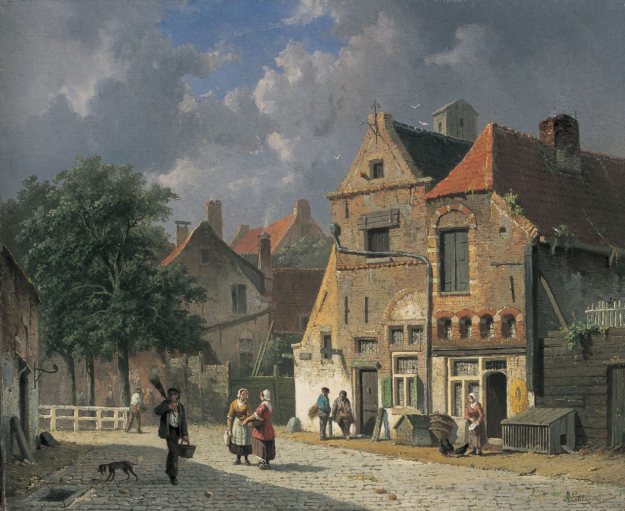 Eversen A.  | Adrianus Eversen, Figures in a sunlit street, oil on canvas 40.0 x 48.0 cm, signed l.r.