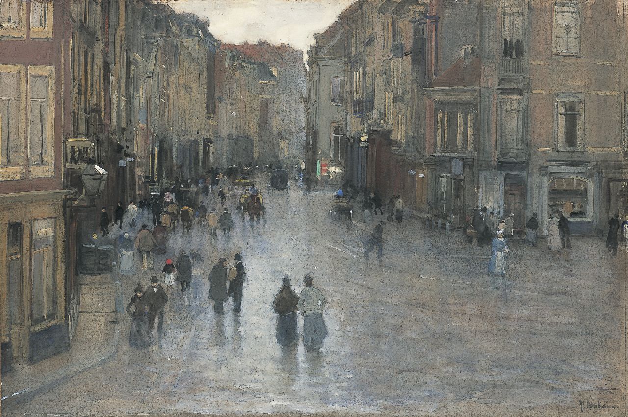 Arntzenius P.F.N.J.  | Pieter Florentius Nicolaas Jacobus 'Floris' Arntzenius, A view of the Wagenstraat, The Hague, watercolour and gouache on paper 40.4 x 60.1 cm, signed l.r.