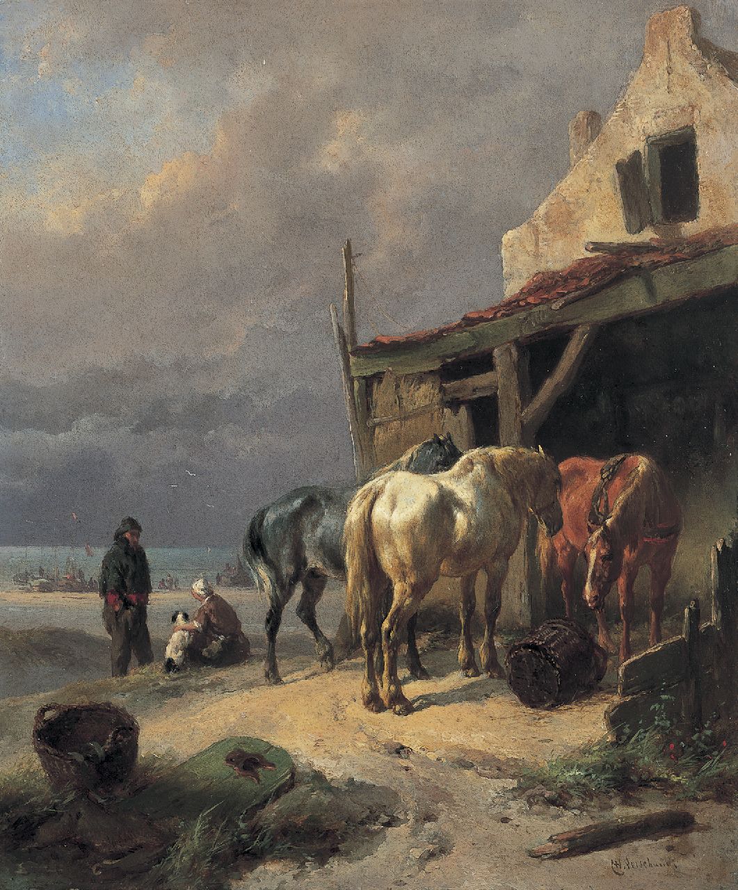 Verschuur W.  | Wouterus Verschuur, Draught horses at rest by the beach, oil on panel 27.1 x 22.5 cm, signed l.r.