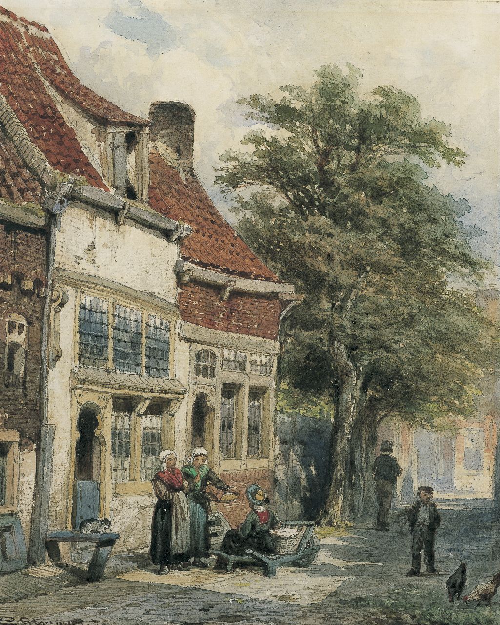 Springer C.  | Cornelis Springer, Laundry day in an old Dutch street, pencil and watercolour on paper 24.6 x 19.8 cm, signed l.l. and dated '75