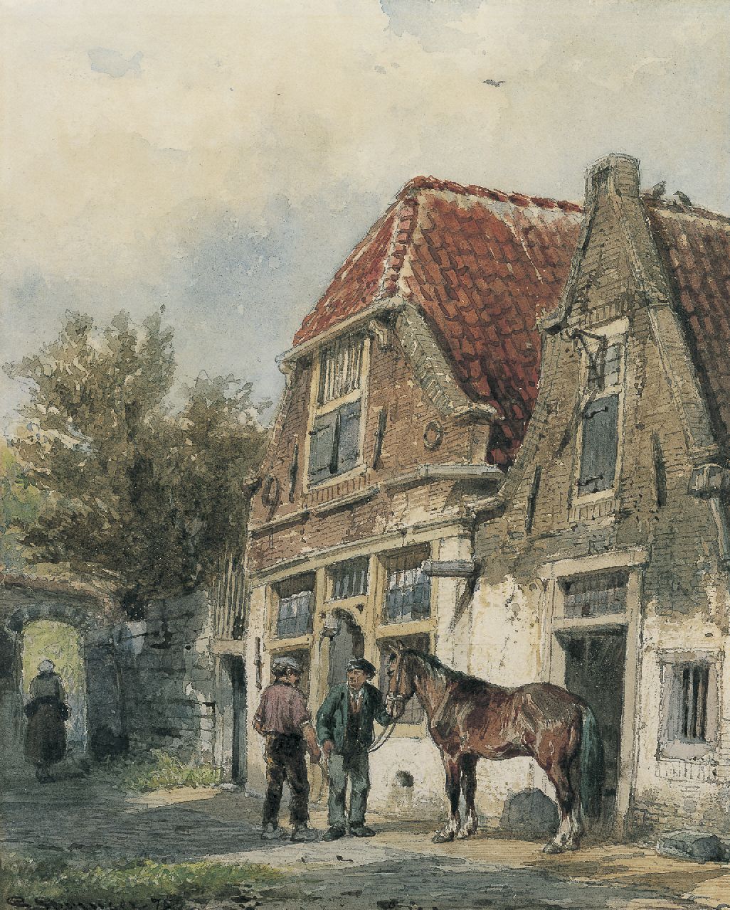 Springer C.  | Cornelis Springer, Stable boys holding their horse, pencil and watercolour on paper 24.6 x 19.8 cm, signed l.l. and dated '75