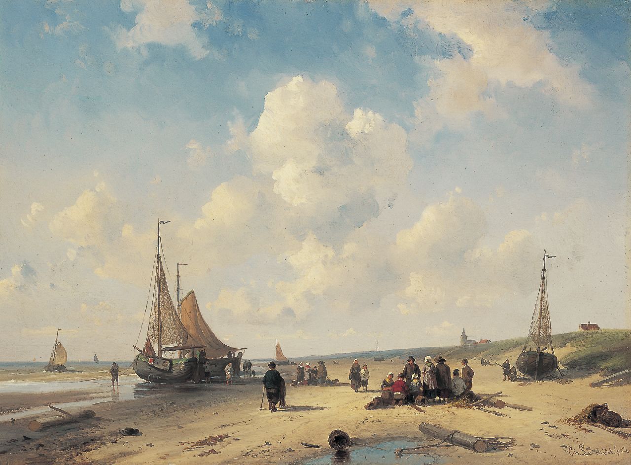 Leickert C.H.J.  | 'Charles' Henri Joseph Leickert, 'Bomschuiten' on the beach, Scheveningen, oil on panel 26.1 x 36.0 cm, signed l.r. and dated '54