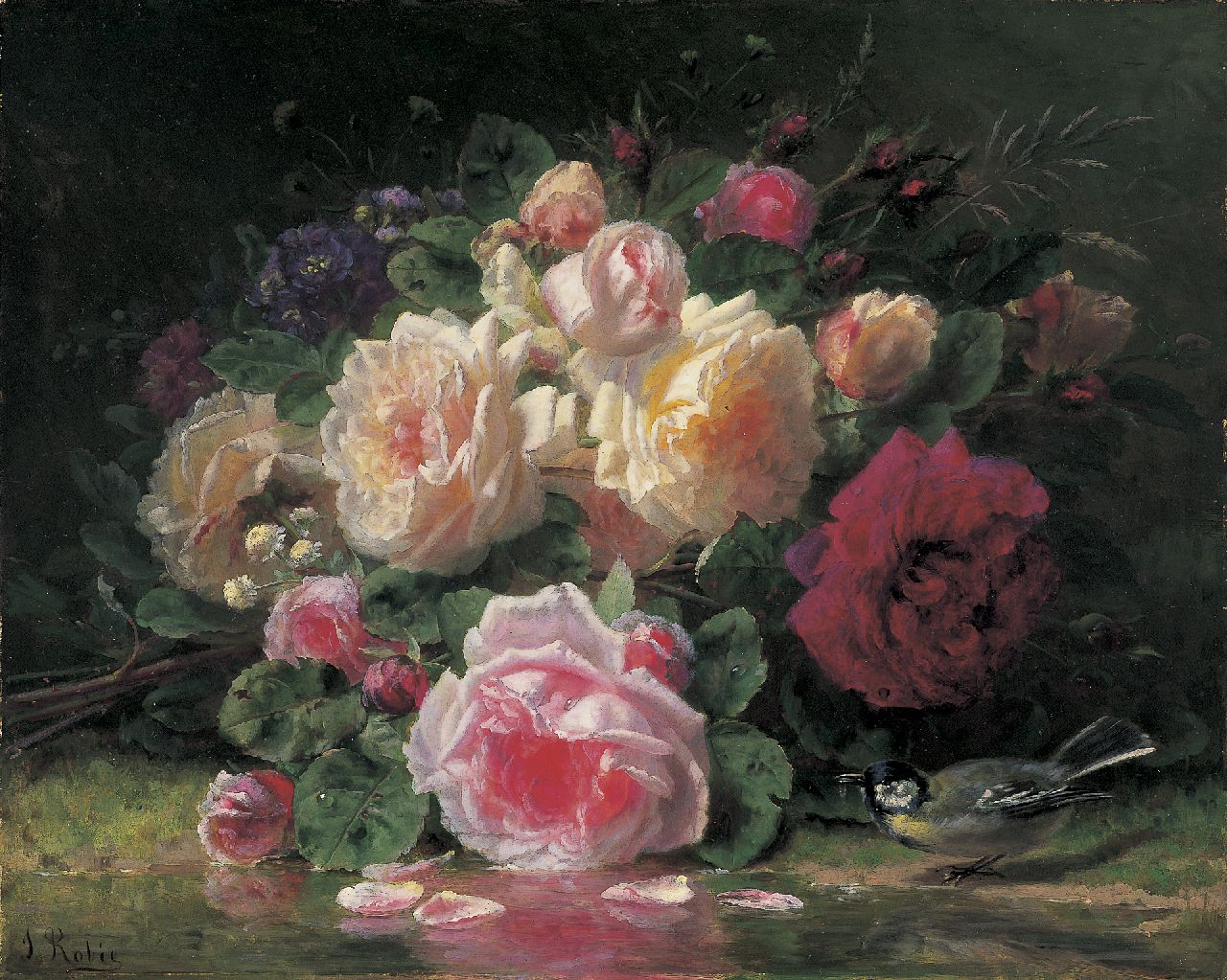 Robie J.B.  | Jean-Baptiste Robie, Roses and a bird by a pond, oil on panel 42.0 x 52.0 cm, signed l.l.