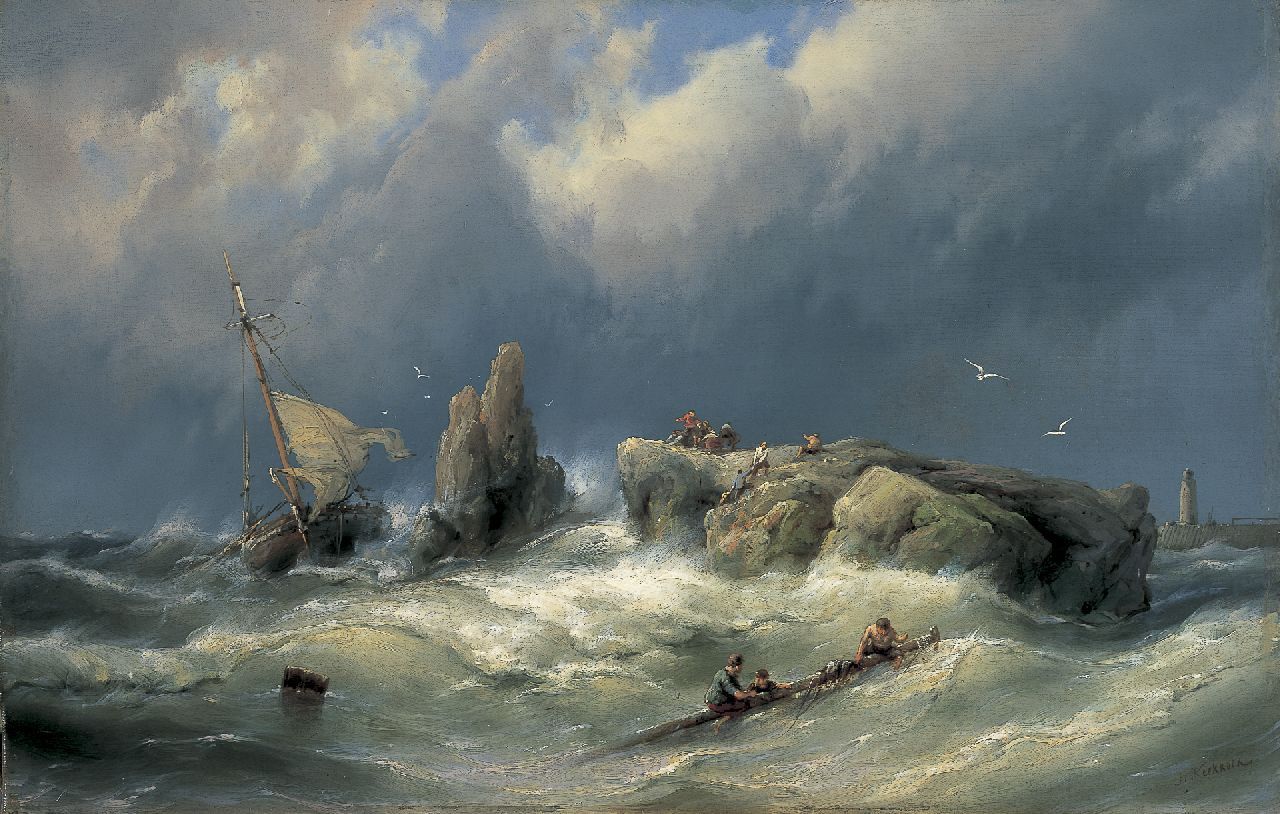 Koekkoek J.H.B.  | Johannes Hermanus Barend 'Jan H.B.' Koekkoek, Shipwrecked, oil on canvas 37.2 x 57.8 cm, signed l.r.