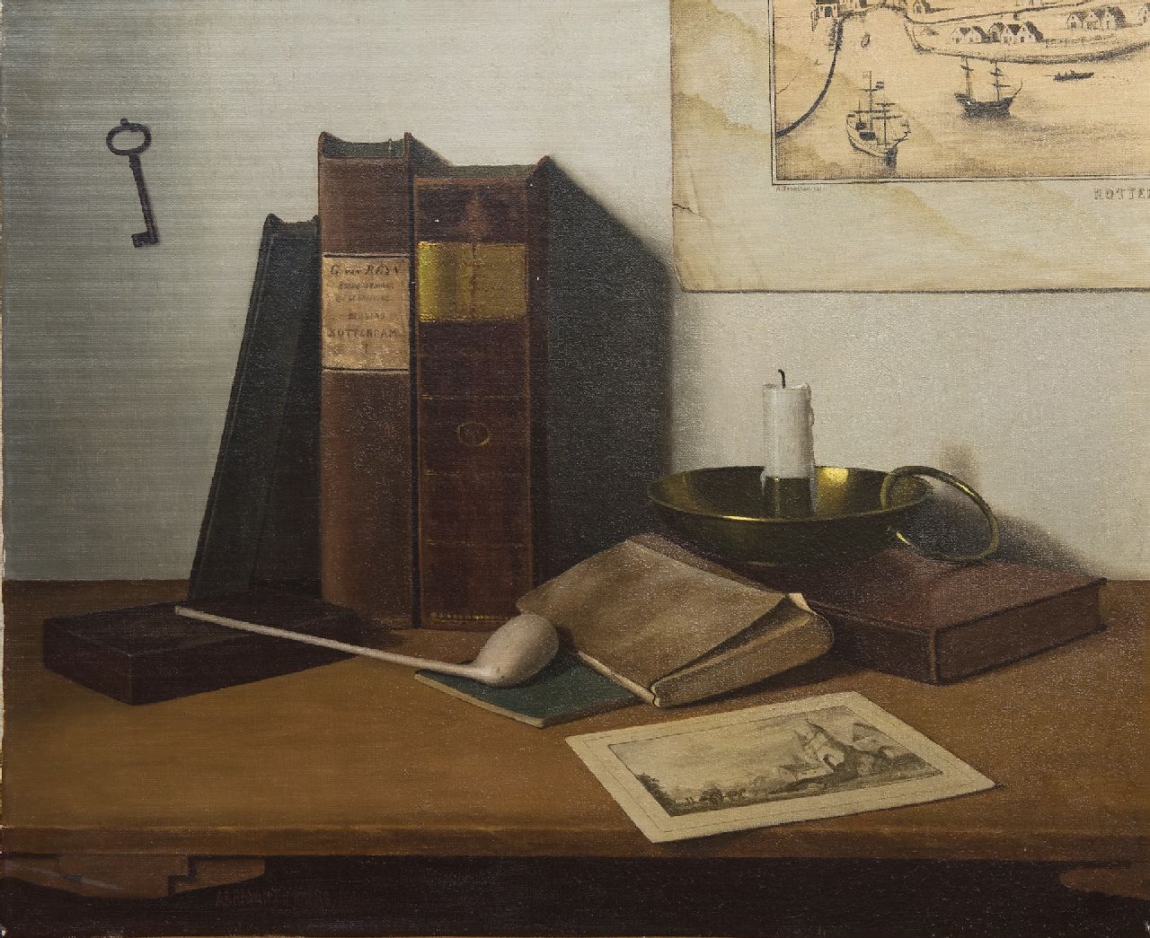 Timmers A.  | Adrianus 'Adriaan' Timmers | Paintings offered for sale | A stil life with books and an etching of Rotterdam, oil on canvas 45.1 x 55.2 cm, signed l.l. and dated 1940