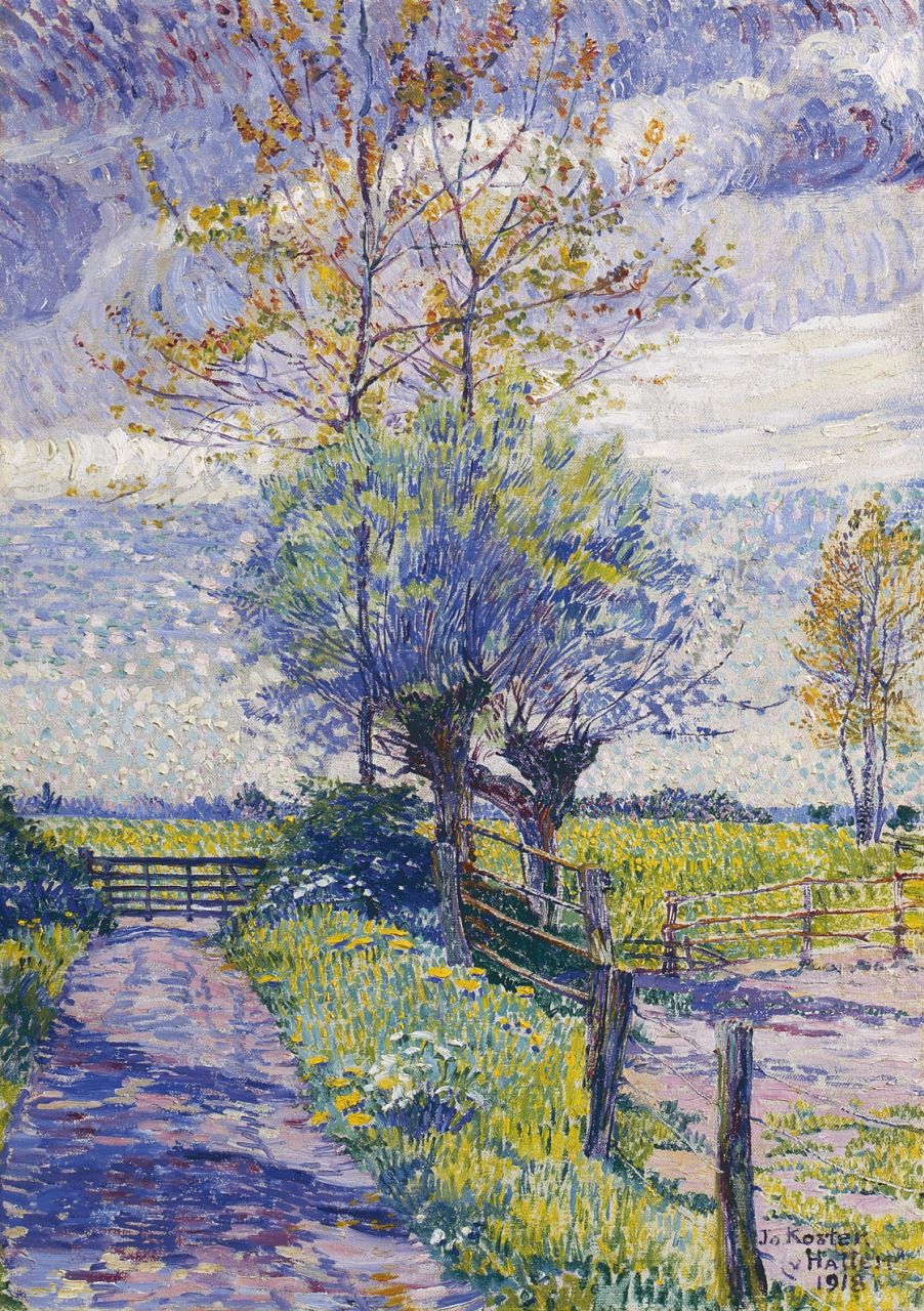 Koster J.P.C.A.  | Johanna Petronella Catharina Antoinetta 'Jo' Koster, A country lane in spring, oil on canvas 38.2 x 27.3 cm, signed l.r. and dated 1918