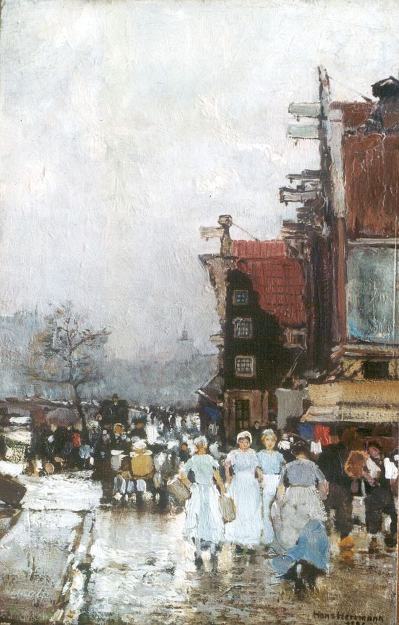 Herrmann J.E.R.  | Johann Emil Rudolf 'Hans' Herrmann, Market square, Amsterdam, oil on paper laid down on painter's board 37.3 x 24.9 cm, signed l.r. and dated 1886