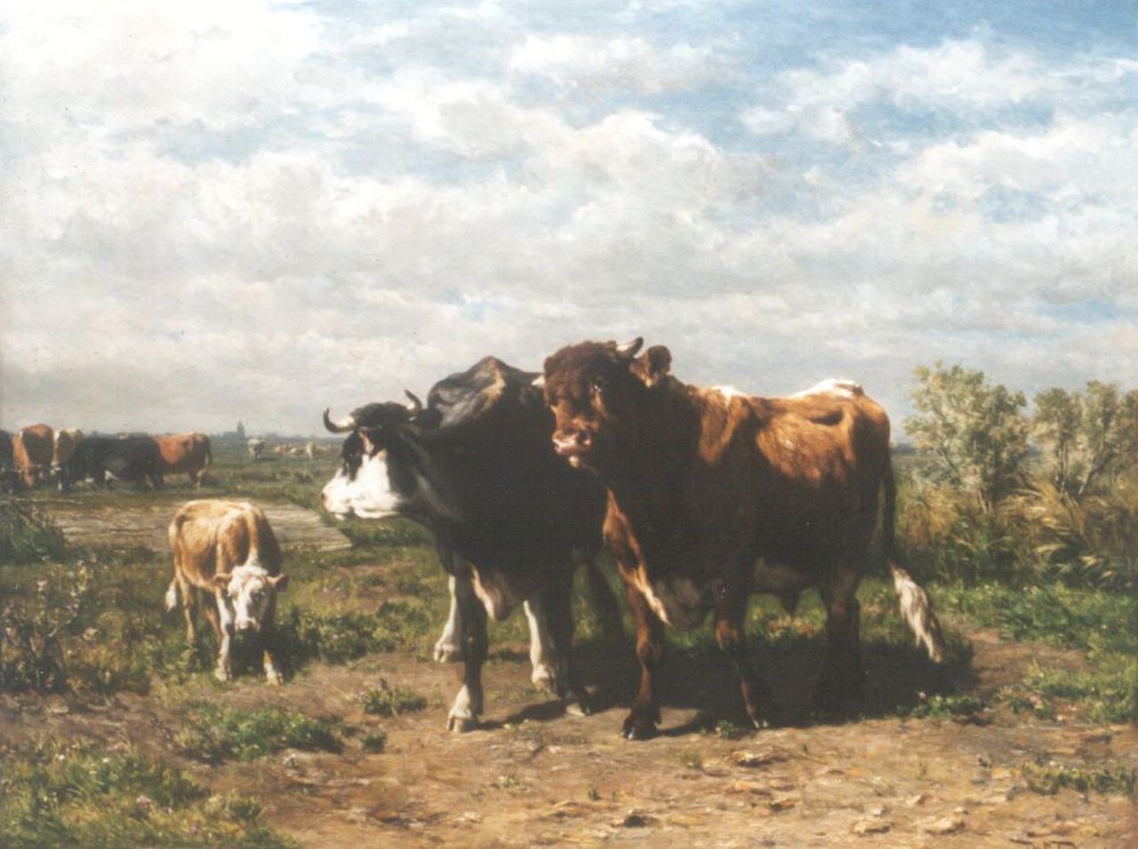 Haas J.H.L. de | Johannes Hubertus Leonardus de Haas, Cows in a meadow, oil on panel 70.2 x 92.2 cm, signed l.r. and dated  'Bruxelles Juillet 1872' on the reverse