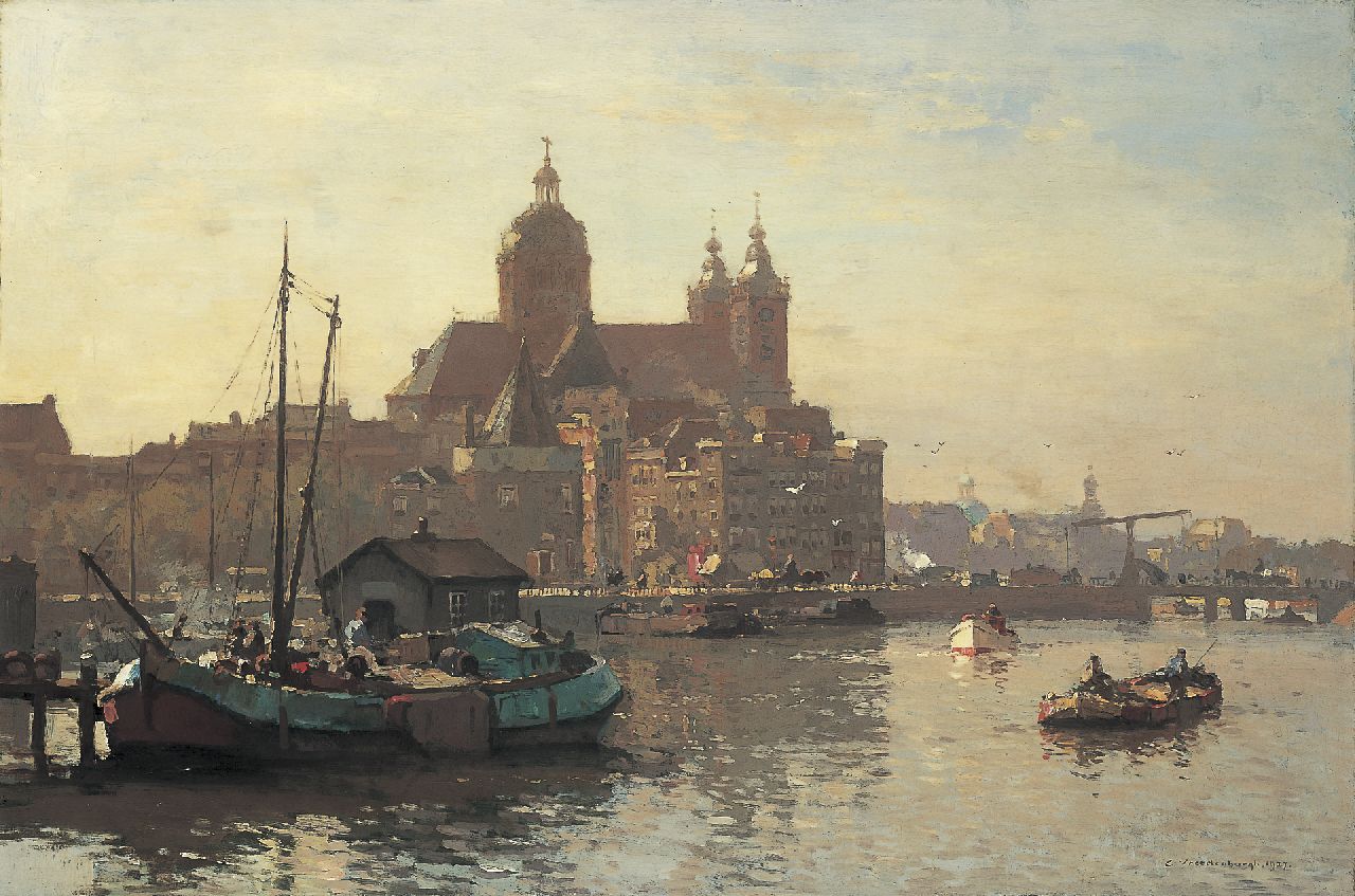 Vreedenburgh C.  | Cornelis Vreedenburgh, A view of the IJ with the 'St. Nicolaaskerk', Amsterdam, oil on canvas 60.6 x 90.8 cm, signed l.r. and dated 1927