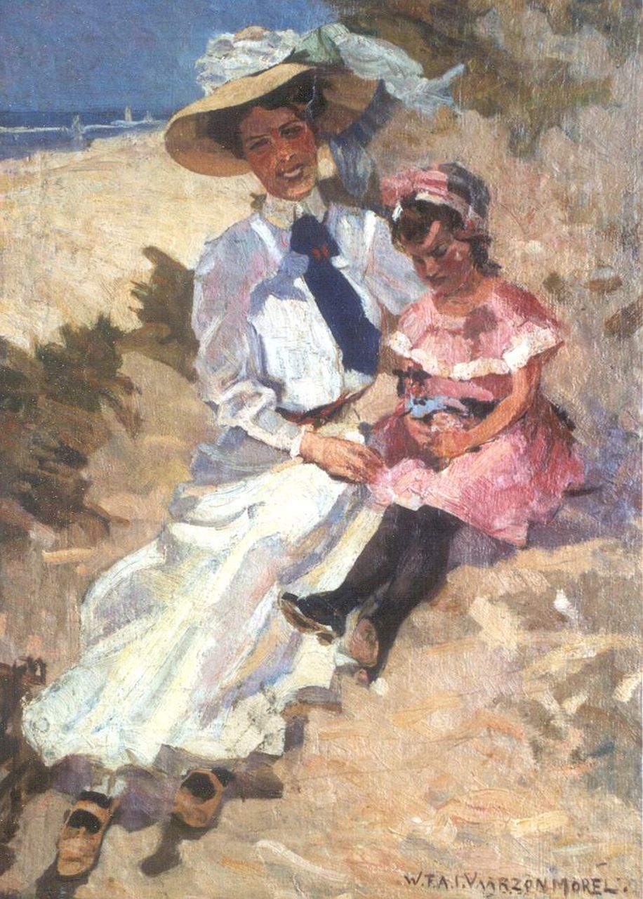 Vaarzon Morel W.F.A.I.  | Wilhelm Ferdinand Abraham Isaac 'Willem' Vaarzon Morel, A woman and child in the dunes, Domburg, oil on board 47.1 x 33.9 cm, signed l.r.