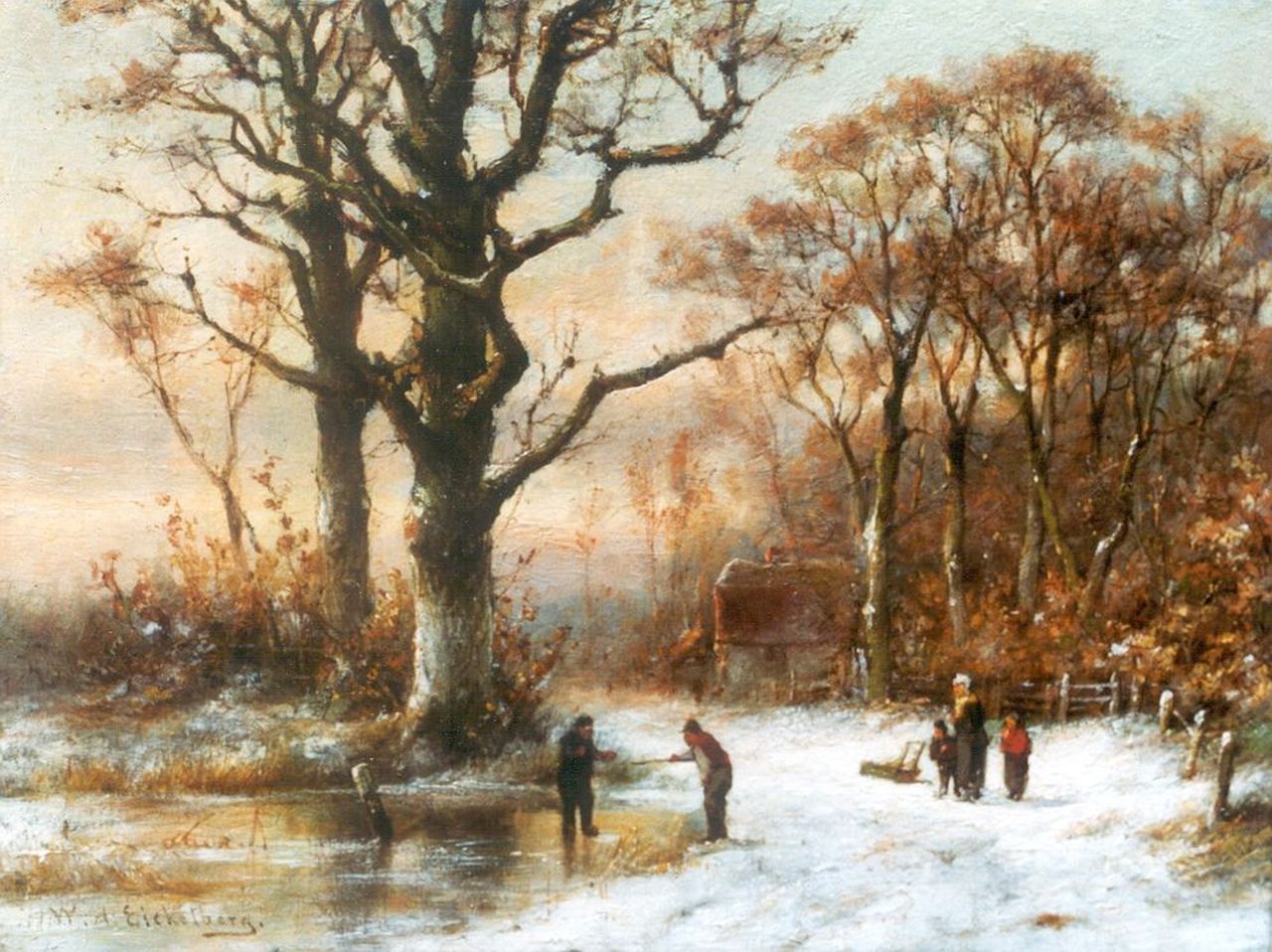 Eickelberg W.H.  | Willem Hendrik Eickelberg, Figures in a winter landscape, oil on panel 26.9 x 35.3 cm, signed l.l.