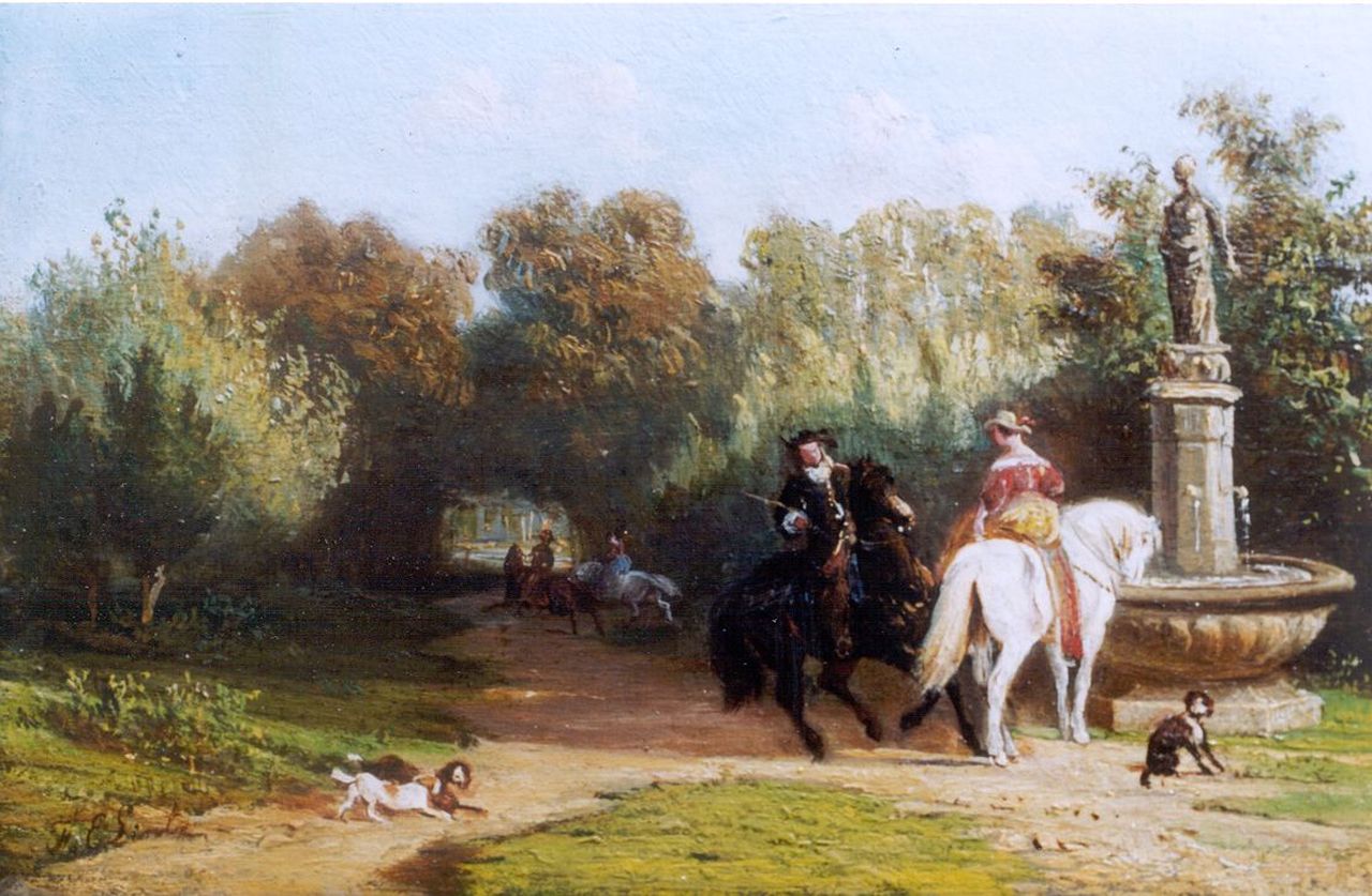 Lintz F.E.  | Ferdinand Ernst Lintz, Riding horseback, oil on panel 9.8 x 14.9 cm, signed l.l.