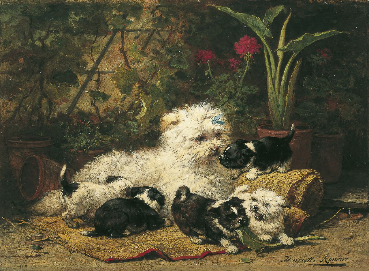 Ronner-Knip H.  | Henriette Ronner-Knip, A terrier with puppies, oil on panel 32.9 x 45.0 cm, signed l.r.