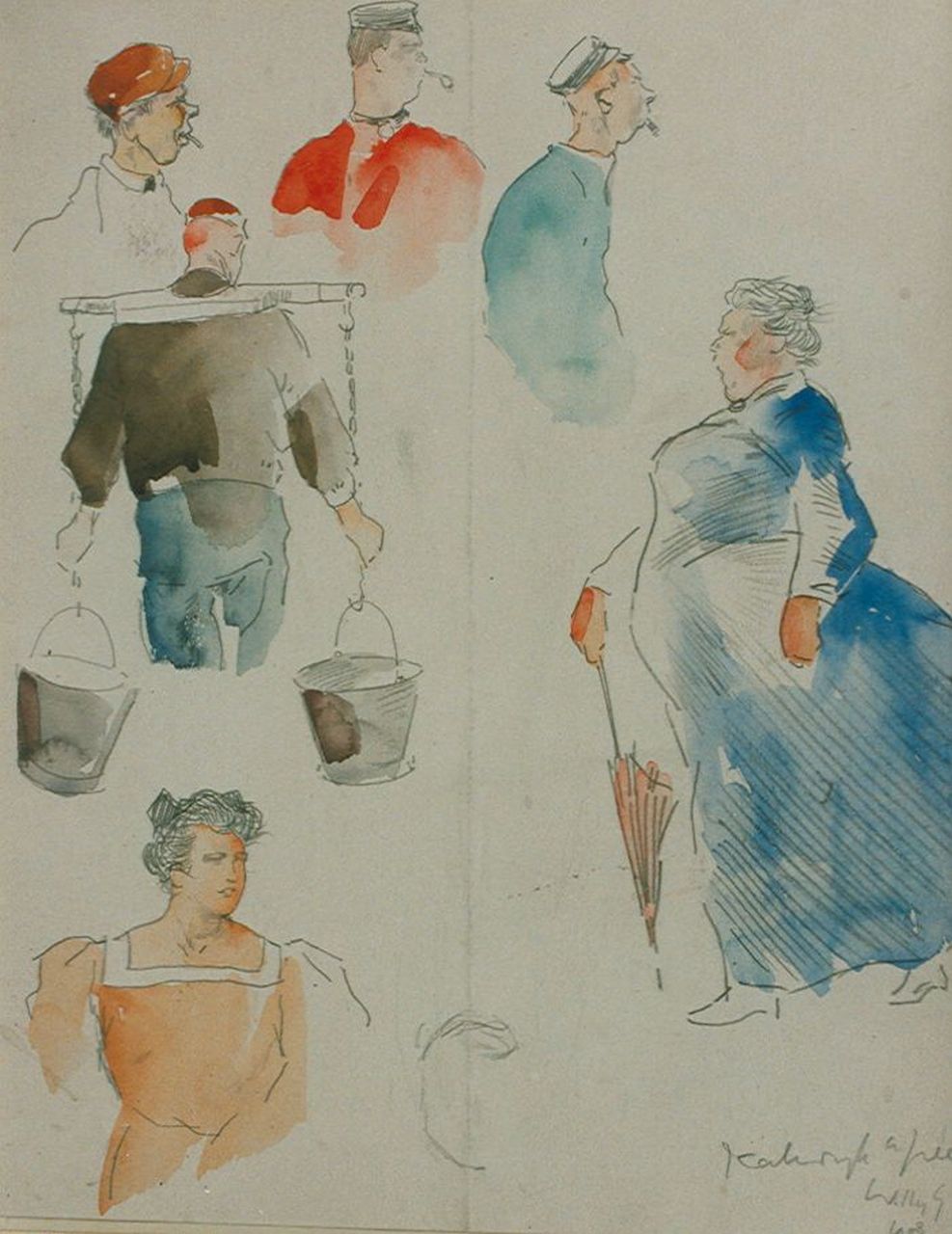 Sluiter J.W.  | Jan Willem 'Willy' Sluiter, Sketches with natives from Katwijk, mixed media on paper 29.0 x 22.5 cm, signed l.r. and dated 1908