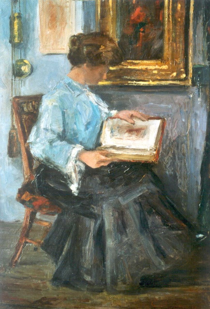 Hagemans P.  | Paul Hagemans, Interior with a reading woman, oil on board 43.5 x 29.8 cm, signed l.r. (vaguely)
