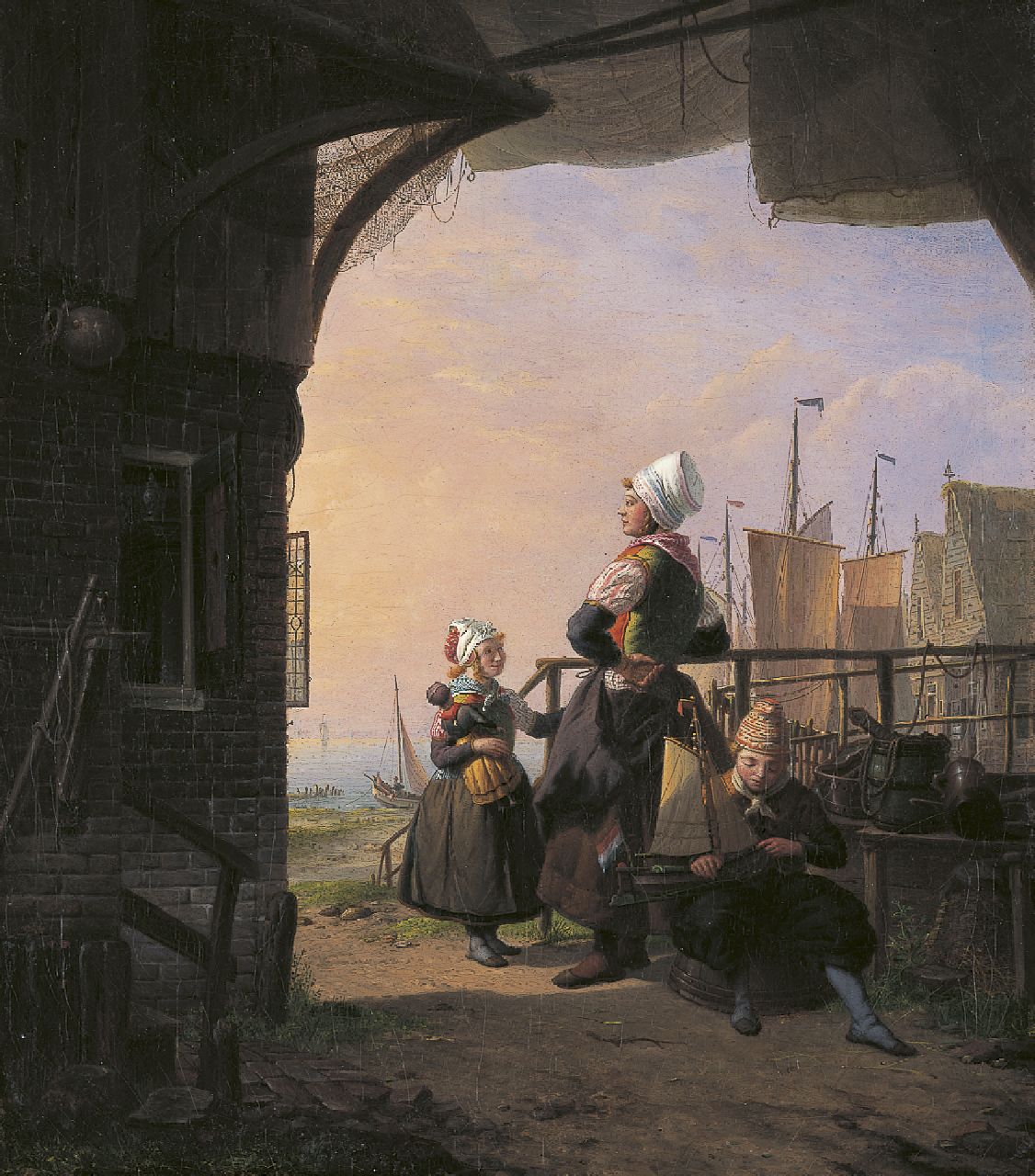 Hendrik Vettewinkel | Awaiting the fleet, Marken, oil on canvas, 47.9 x 42.3 cm, signed l.l. (stair gate)