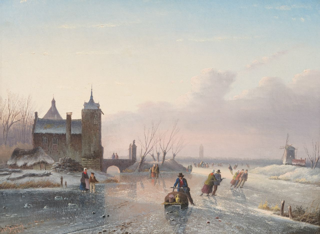 Spohler J.J.C.  | Jacob Jan Coenraad Spohler, Skaters on a frozen waterway, oil on canvas 25.6 x 34.7 cm, signed l.l. and dated '57