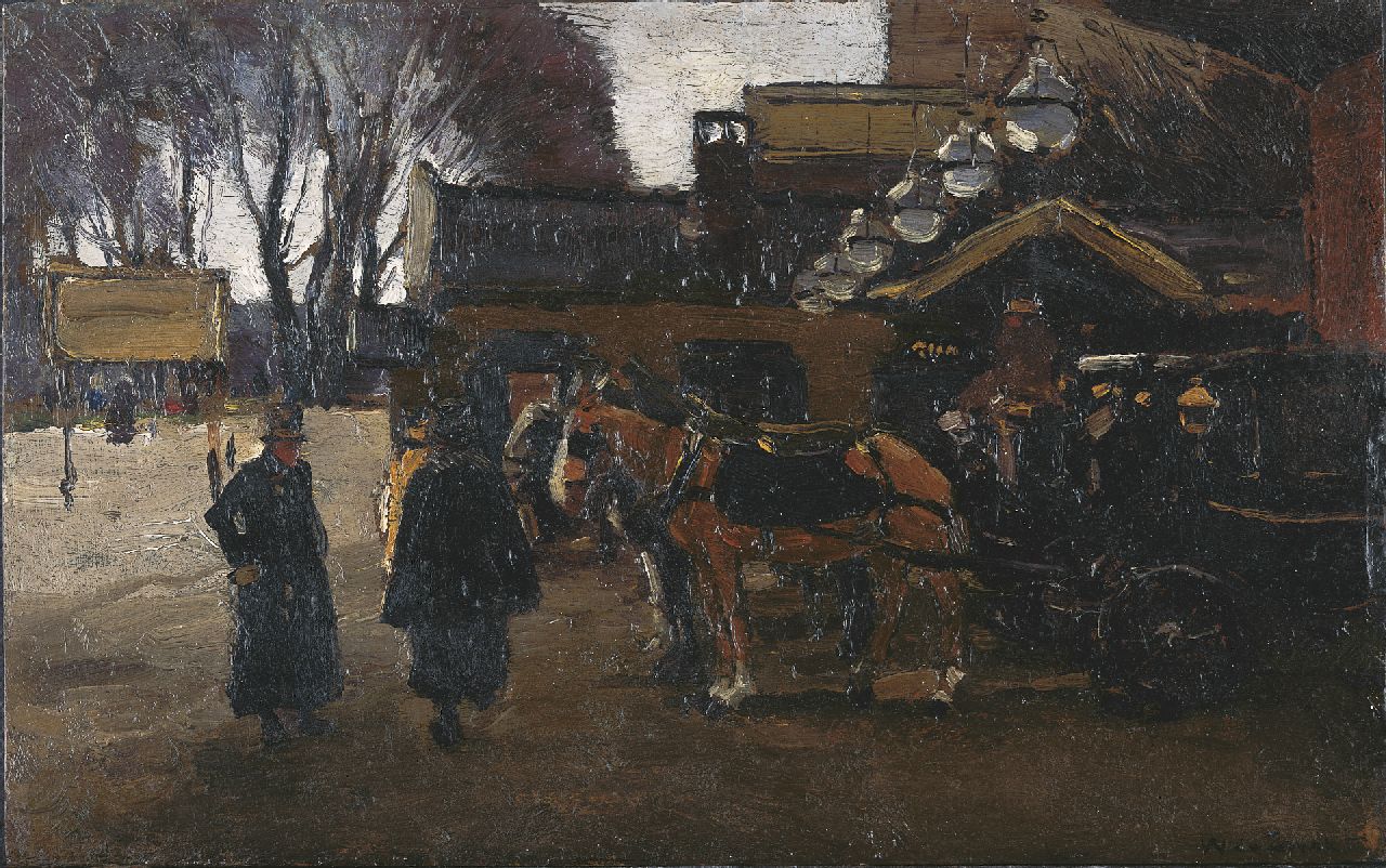 Zwart W.H.P.J. de | Wilhelmus Hendrikus Petrus Johannes 'Willem' de Zwart, Carriages by 'Station Staatsspoor' , The Hague, oil on panel 18.3 x 29.1 cm, signed l.r.