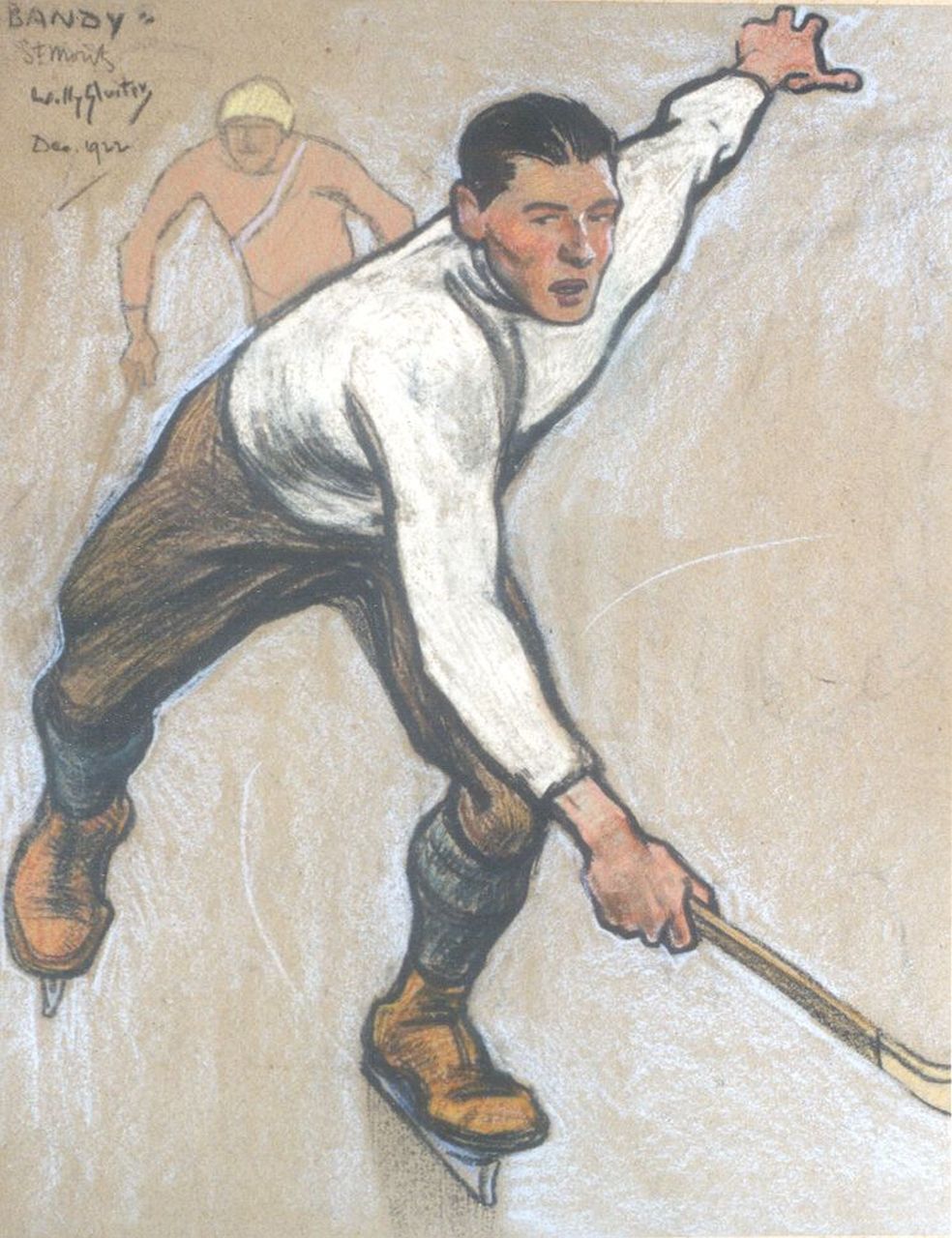 Sluiter J.W.  | Jan Willem 'Willy' Sluiter, Bandy players, St. Moritz, coloured chalk on paper 40.7 x 32.4 cm, signed u.l. and dated St. Moritz Dec. 1922