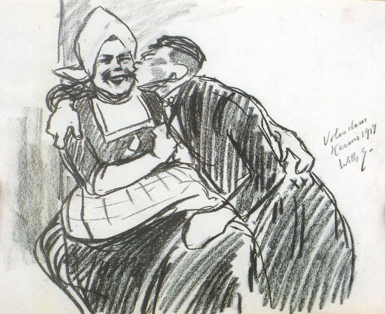 Sluiter J.W.  | Jan Willem 'Willy' Sluiter, First kiss, Volendam, black chalk on paper 26.3 x 33.0 cm, signed m.r. and dated 1917