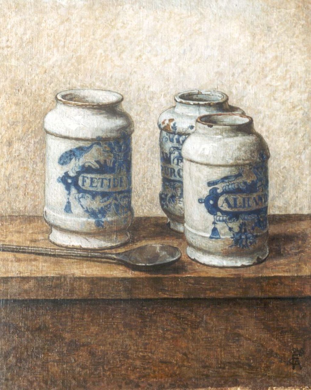 Feldmann C.A.  | Karel Albert 'Carl Albert' Feldmann, Pharmacist's jars, oil on canvas laid down on panel 33.2 x 28.5 cm, signed l.r. with monogram and dated 1946