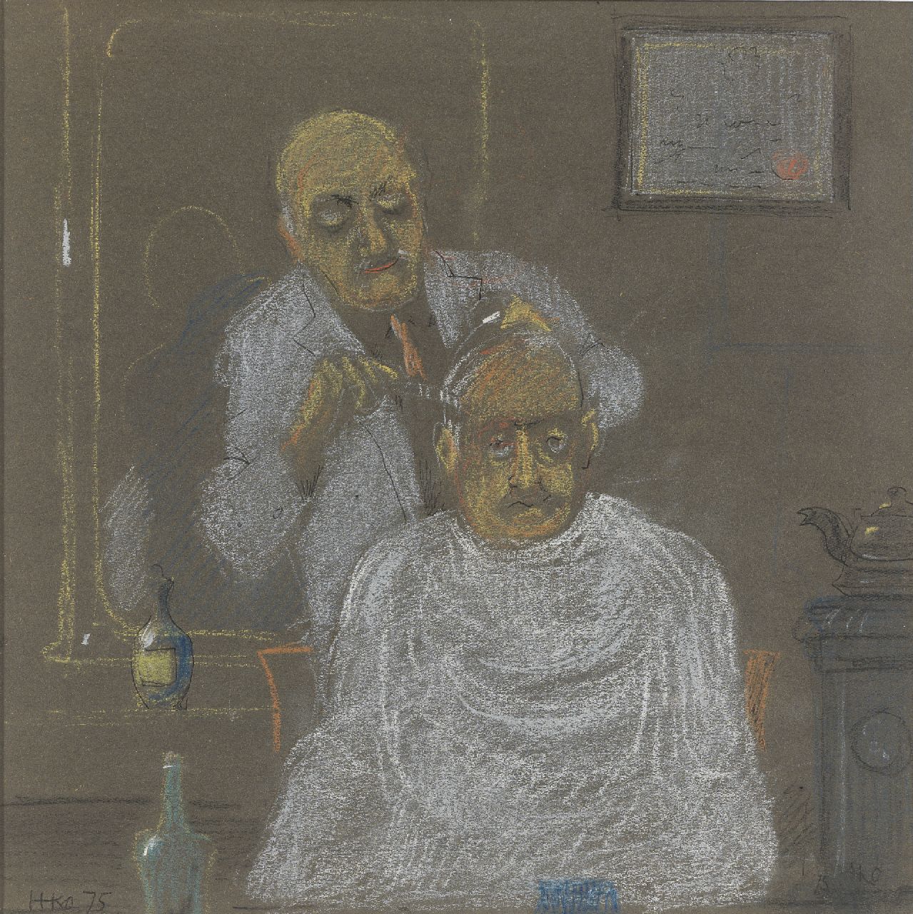 Kamerlingh Onnes H.H.  | 'Harm' Henrick Kamerlingh Onnes, At the hairdresser's, pastel and ballpoint on paper 25.5 x 25.5 cm, signed l.l. and l.r. with monogram and dated '75