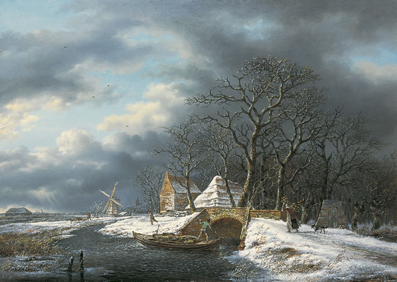 Schelfhout A.  | Andreas Schelfhout, A winter landscape with a wood-gatherer and a farmer in a boat, oil on panel 51.0 x 73.0 cm, signed right of the centre and painted circa 1815