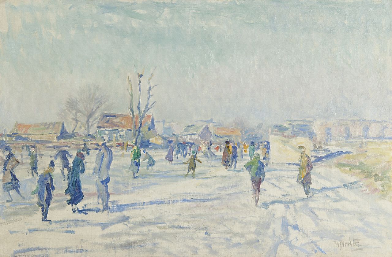 Wolter H.J.  | Hendrik Jan 'Henk' Wolter | Paintings offered for sale | Skaters on the Boerenwetering, Amsterdam, oil on canvas 40.5 x 60.6 cm, signed l.r. and carries studiostamp on the reverse and painted ca 1915