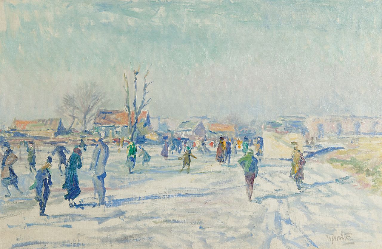 Wolter H.J.  | Hendrik Jan 'Henk' Wolter | Paintings offered for sale | Skaters on the Boerenwetering, Amsterdam, oil on canvas 40.5 x 60.6 cm, signed l.r. and carries studiostamp on the reverse and painted ca 1915