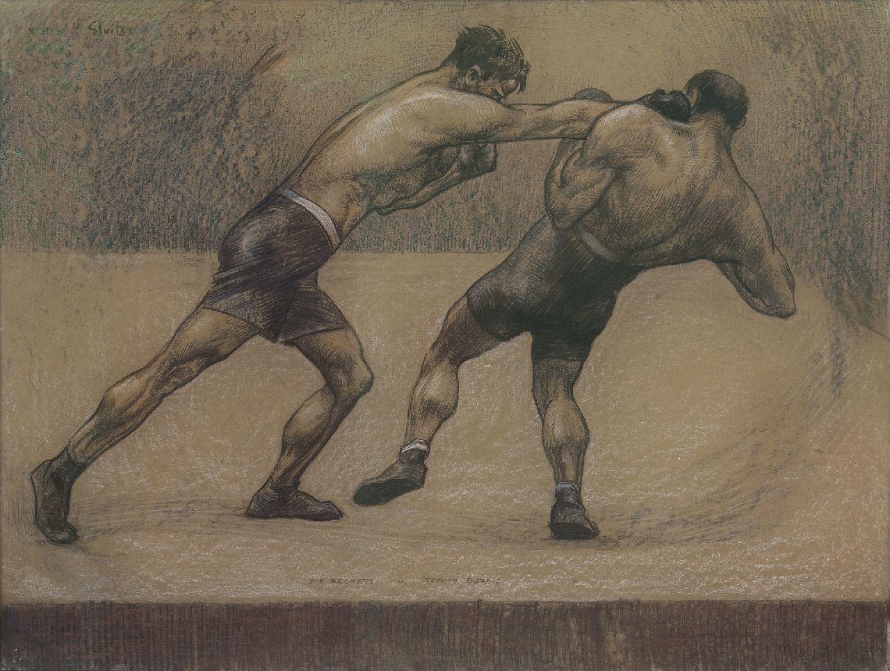 Sluiter J.W.  | Jan Willem 'Willy' Sluiter, The boxing match between Joe Beckett and Tommy Burns, London 1920, charcoal and pastel on paper laid down on board 70.6 x 101.5 cm, signed u.l. and on the reverse with artist's stamp and dated 'London' 1920