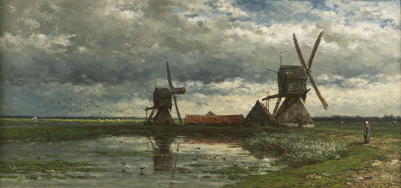 Roelofs W.  | Willem Roelofs, A polder landscape with windmills, oil on panel 28.0 x 59.0 cm, signed l.r. and painted in 1880-1885