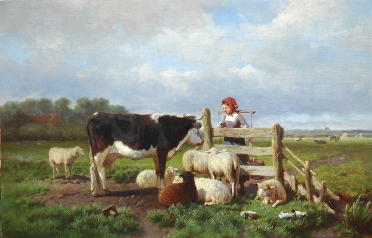 Mauve A.  | Anthonij 'Anton' Mauve, A milkmaid and cattle by a fence, oil on panel 31.7 x 50.0 cm, signed l.l.