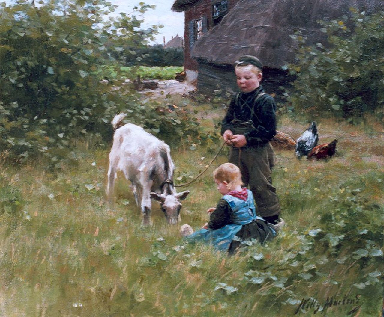 Martens W.  | Willem 'Willy' Martens, In the farmyard, oil on canvas 47.4 x 56.3 cm, signed l.r.