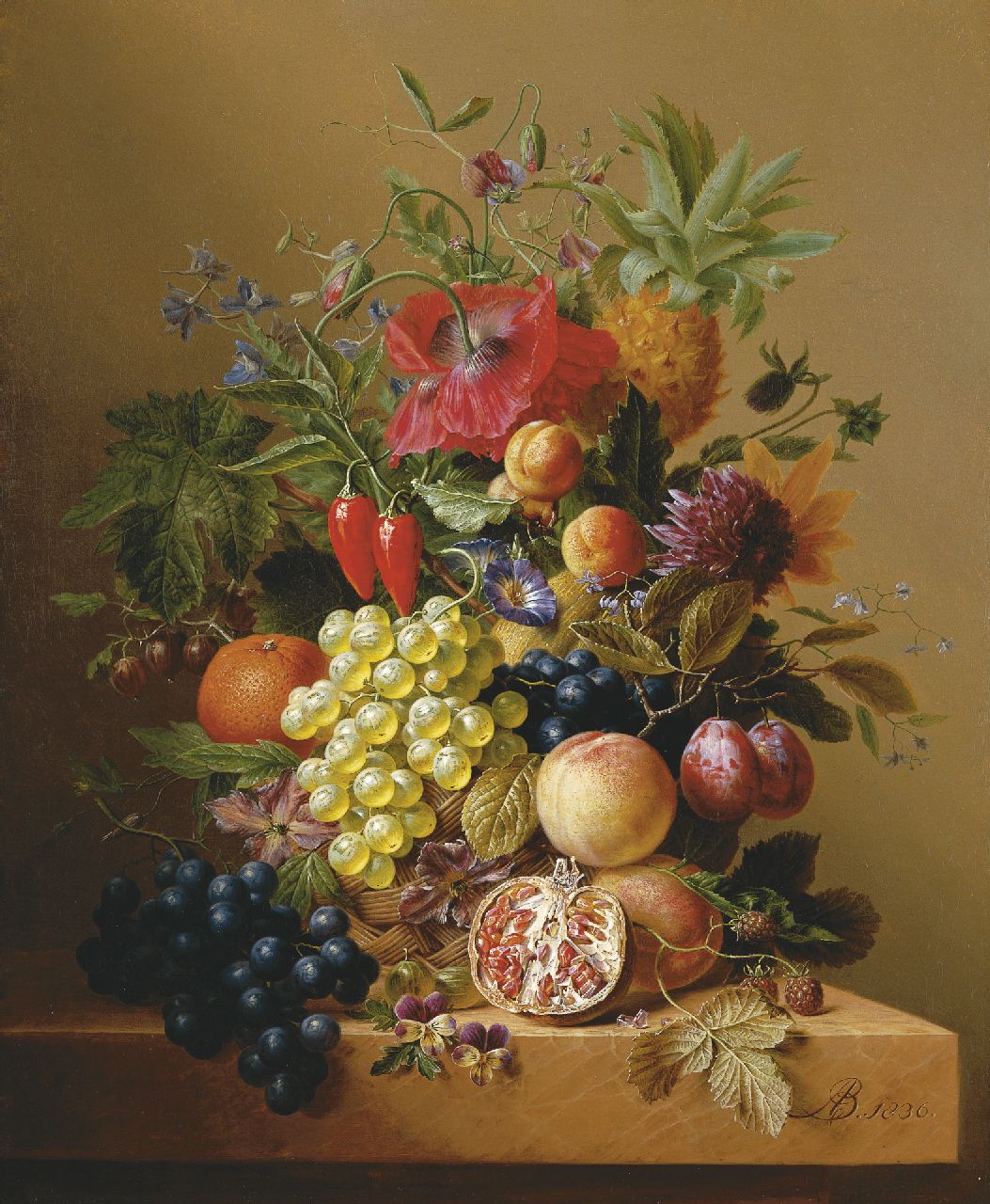 Bloemers A.  | Arnoldus Bloemers, A still life with vegetables, flowers and fruit, oil on canvas 65.0 x 54.0 cm, signed l.r. with monogram and dated 1836