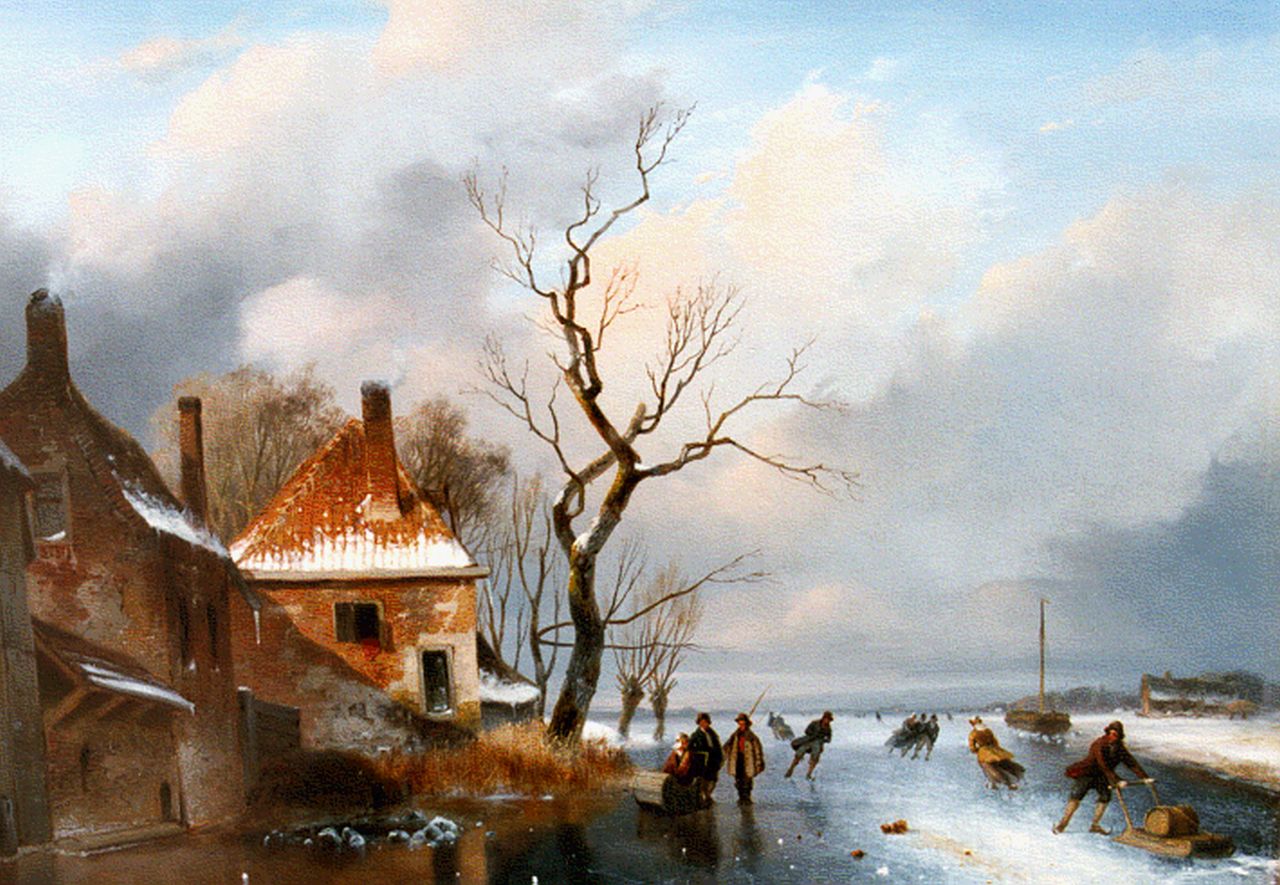 Roosenboom N.J.  | Nicolaas Johannes Roosenboom, IJsvertier langs de dorpsrand, oil on panel 34.0 x 45.6 cm, gesigneerd rechtsonder