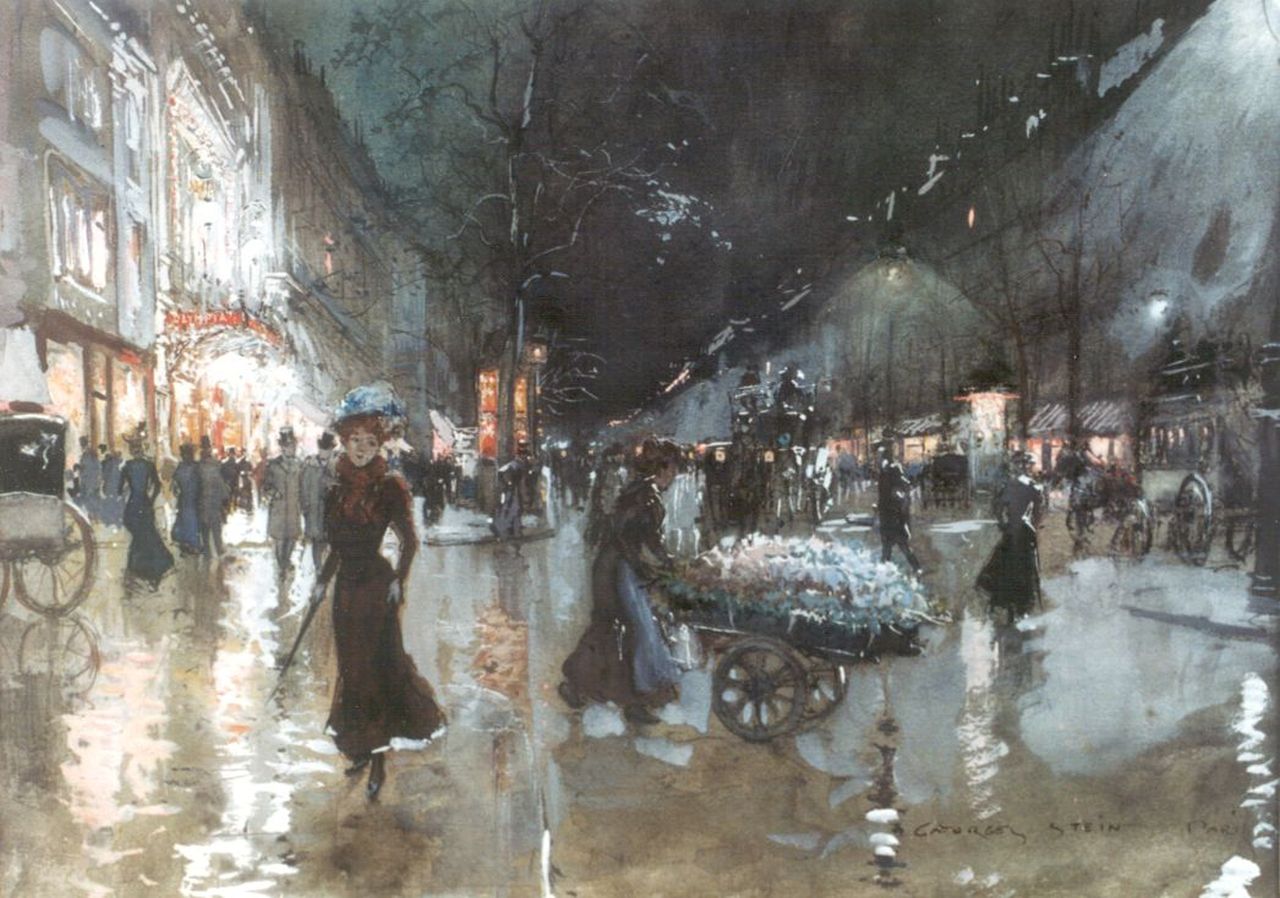 Stein G.  | Georges Stein, Boulevard des Capucines, Paris, pencil, watercolour and gouache on paper 25.0 x 34.0 cm, signed l.r.