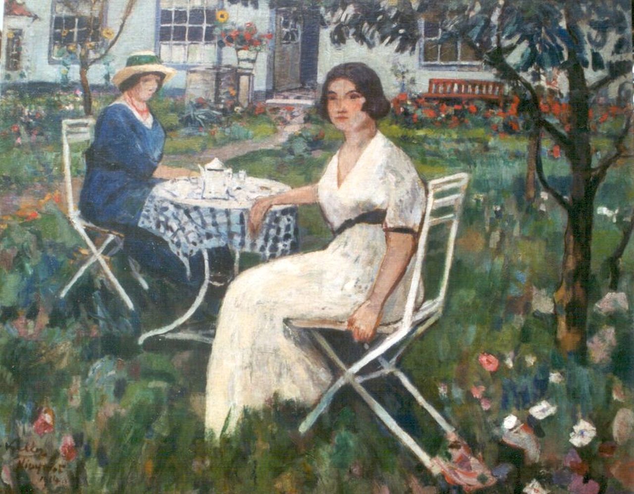 Keller A.  | Adolphe Keller, Tea-time, Nieuwpoort, oil on canvas 85.9 x 106.0 cm, signed l.l. and dated 'Nieuwpoort' 1914