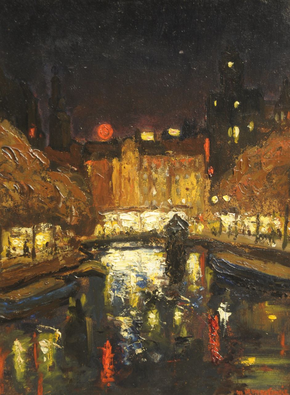 Mackenzie M.H.  | Marie Henri Mackenzie, Reflections: Singel near the Munt in Amsterdam, oil on board 39.8 x 29.8 cm, signed l.r.