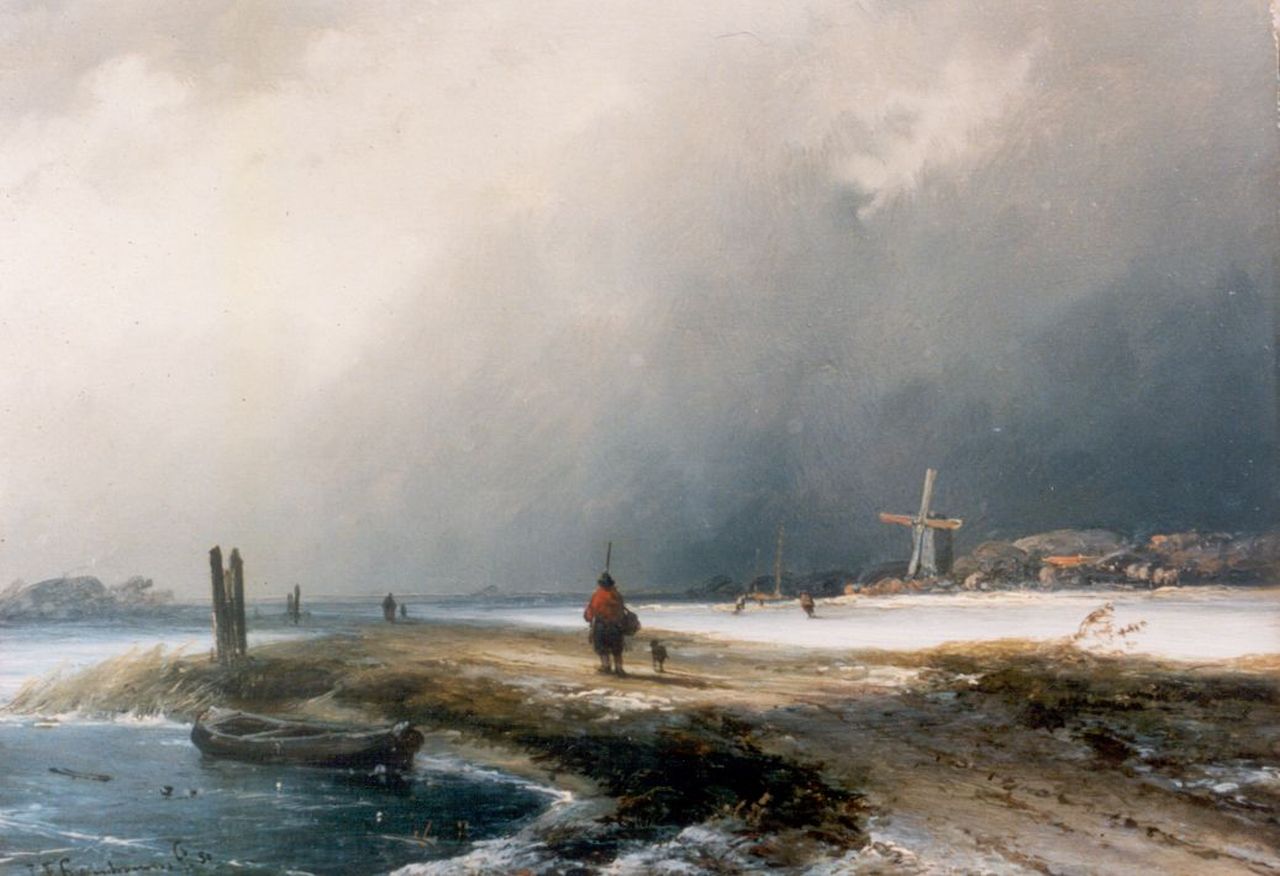 Hoppenbrouwers J.F.  | Johannes Franciscus Hoppenbrouwers, A traveller in a snow-covered landscape, oil on panel 19.2 x 26.4 cm, signed l.l. and dated '50